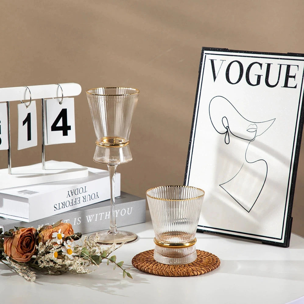 Vertical Grain Gold Waistline Goblet Champagne Glass Cocktail Glass Vertical Grain Water Cup Suit Electroplated Gold Creative Wine Ware Julia M Home & Kitchen