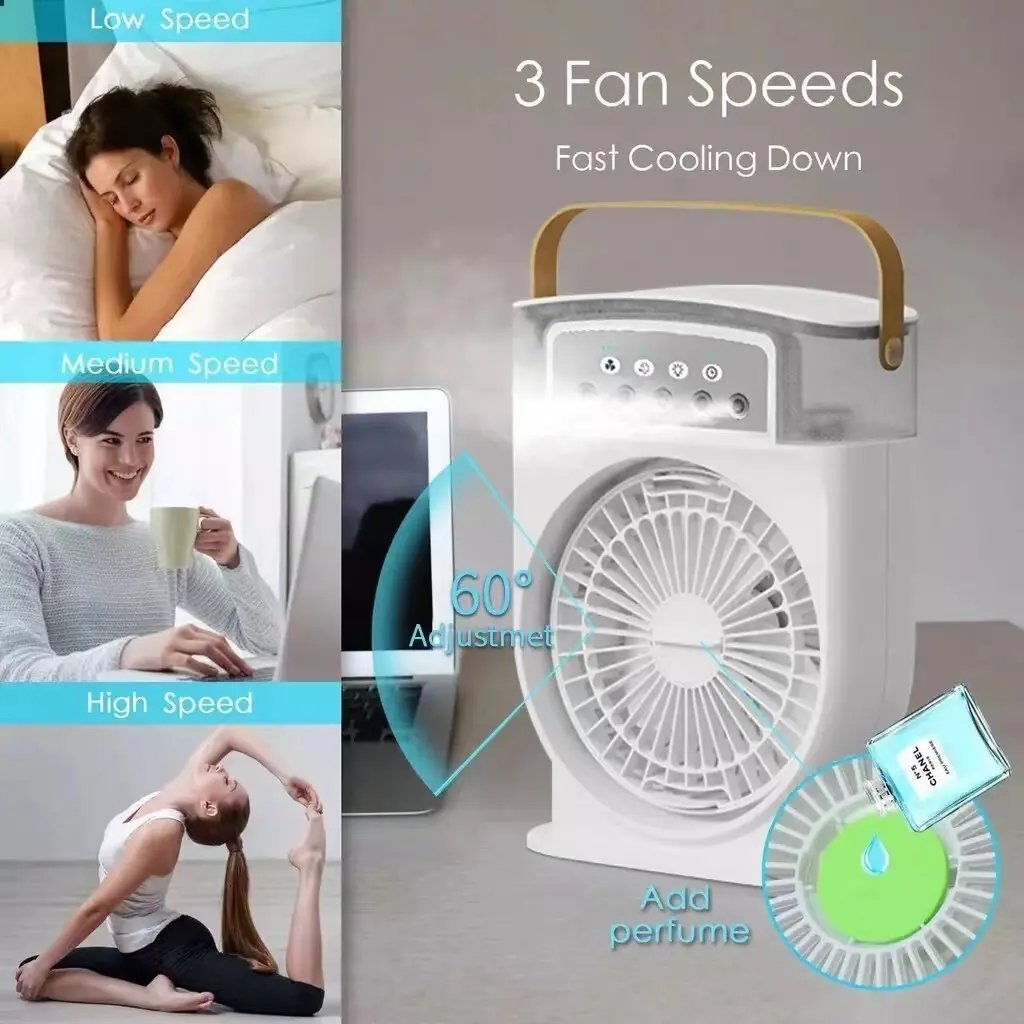 Portable USB Air Conditioner Cooling Fan with 5 Sprays & 7 Colour Light - Julia M LifeStyles