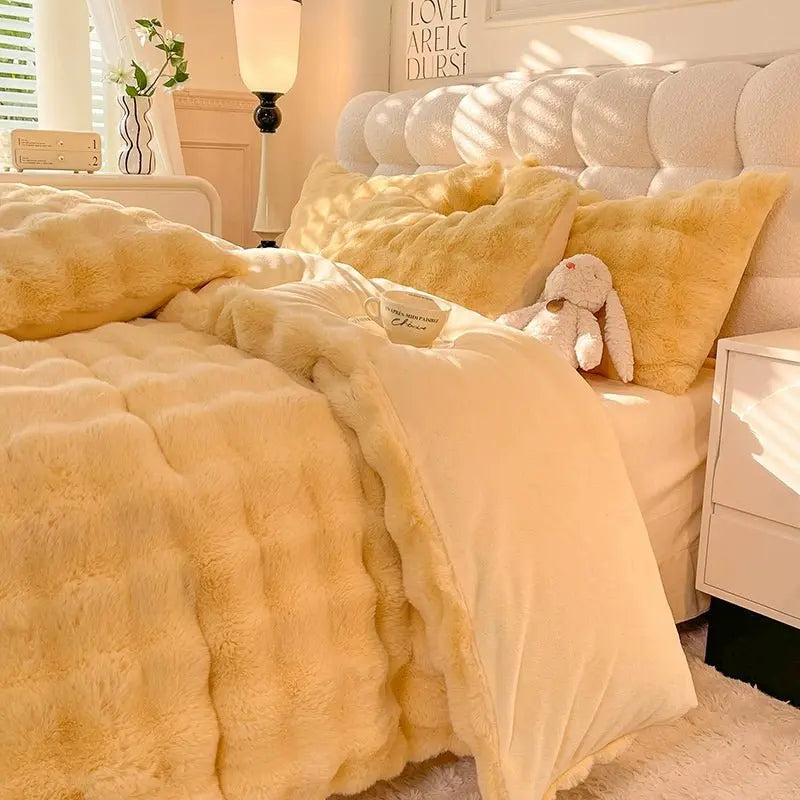 Rabbit Milk Fiber Four-Piece Set Winter Thicken Thermal Double-Sided with Velvet Flange Coral Fleece Bed Sheet Quilt Cover Three-Piece Set - Julia M LifeStyles