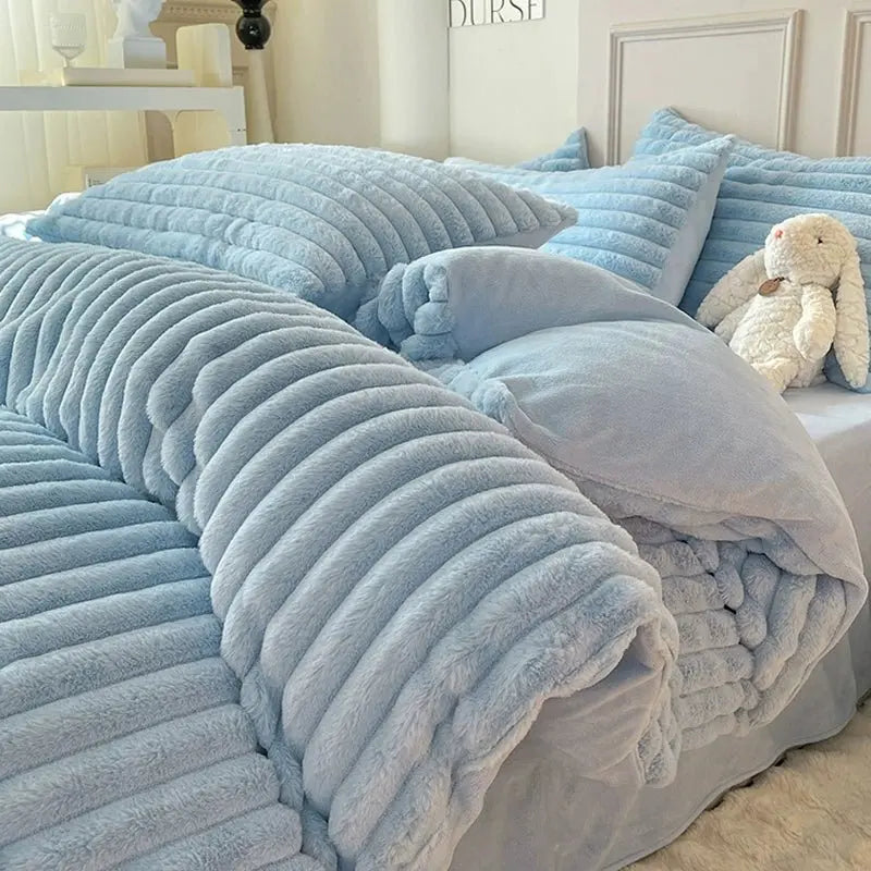 Rabbit Milk Fiber Four-Piece Set Winter Thicken Thermal Double-Sided with Velvet Flange Coral Fleece Bed Sheet Quilt Cover Three-Piece Set - Julia M LifeStyles