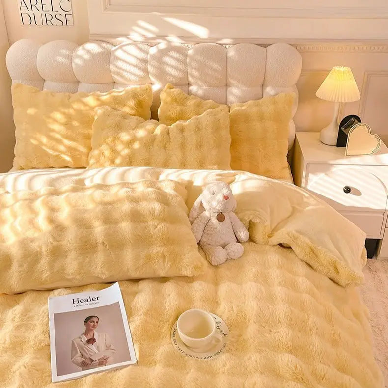 Rabbit Milk Fiber Four - Piece Set Winter Thicken Thermal Double - Sided with Velvet Flange Coral Fleece Bed Sheet Quilt Cover Three - Piece Set - Julia M LifeStyles