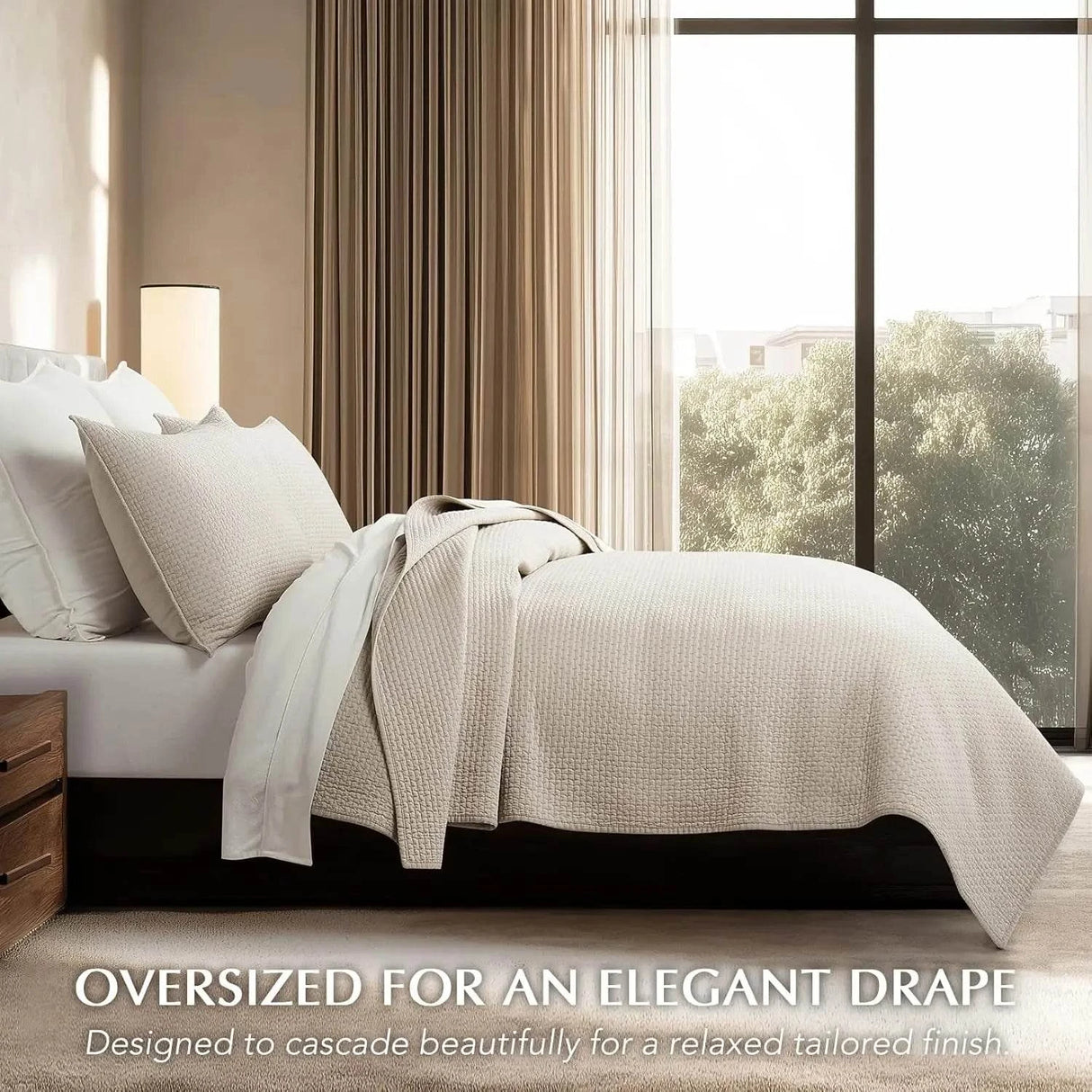 Cotton Sateen Pick-Stitch Quilt Set Queen Size – 100% Cotton Lightweight Coverlet, All-Season Quilt with 2 Shams, Parchment