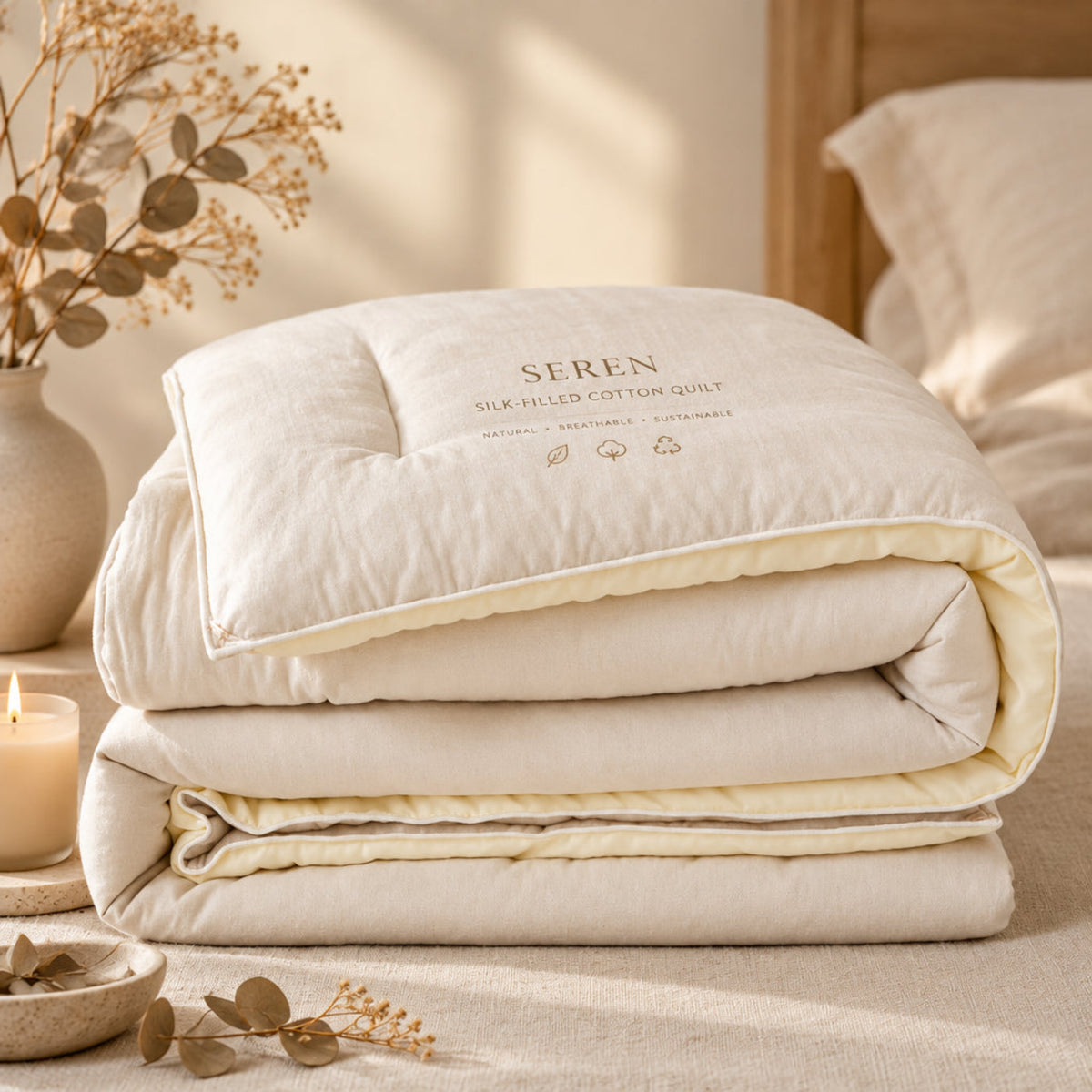 A folded beige quilted comforter with white tags attached, photographed on a clean white studio background.