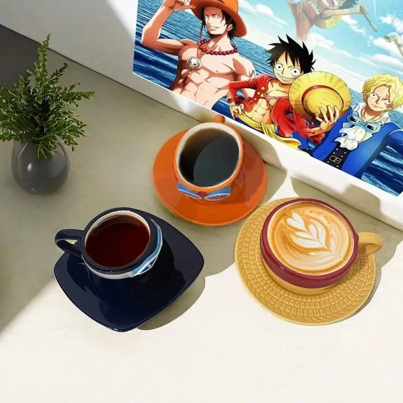 Anime Coffee Mug with Saucer Creative Luffy Ace Sabo Three Brothers Hat Shaped Ceramic Coffee Cup Child's Birthday Gift Cup Julia M LifeStyles