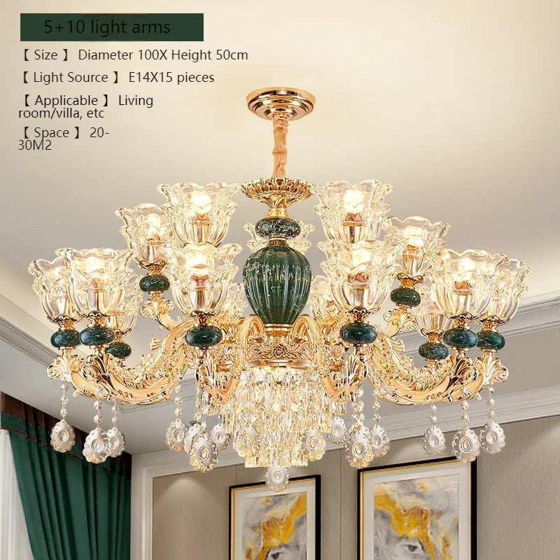 LED Crystal Ceramic Retro Ceiling Chandelier - European Style Luxury Lamp