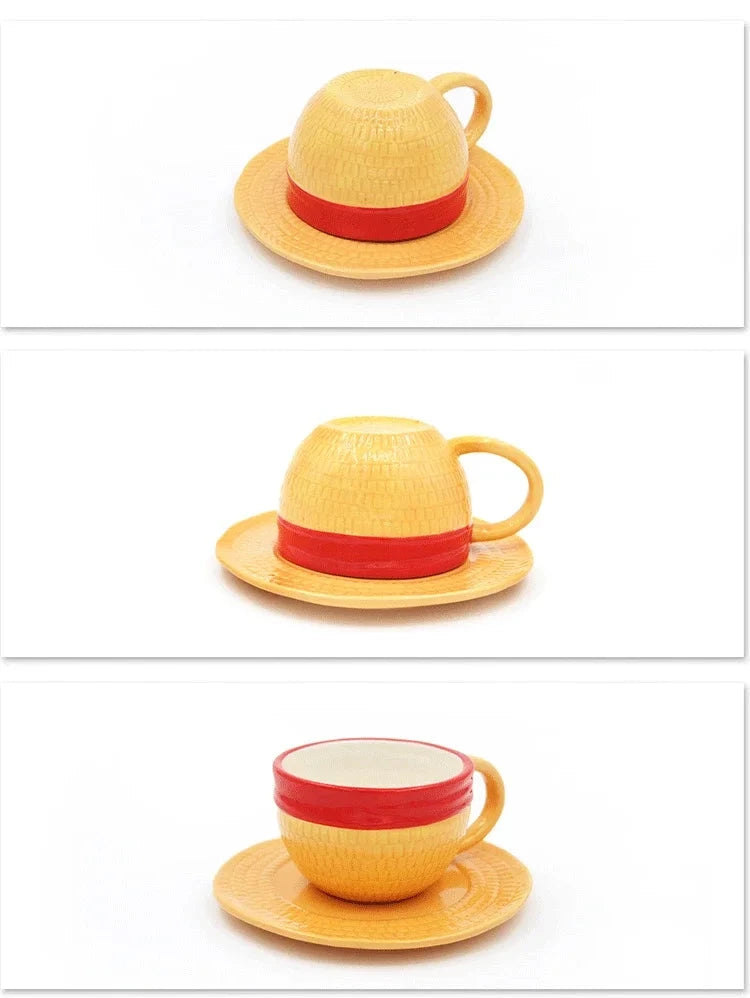 Anime Coffee Mug with Saucer Creative Luffy Ace Sabo Three Brothers Hat Shaped Ceramic Coffee Cup Child's Birthday Gift Cup Julia M LifeStyles