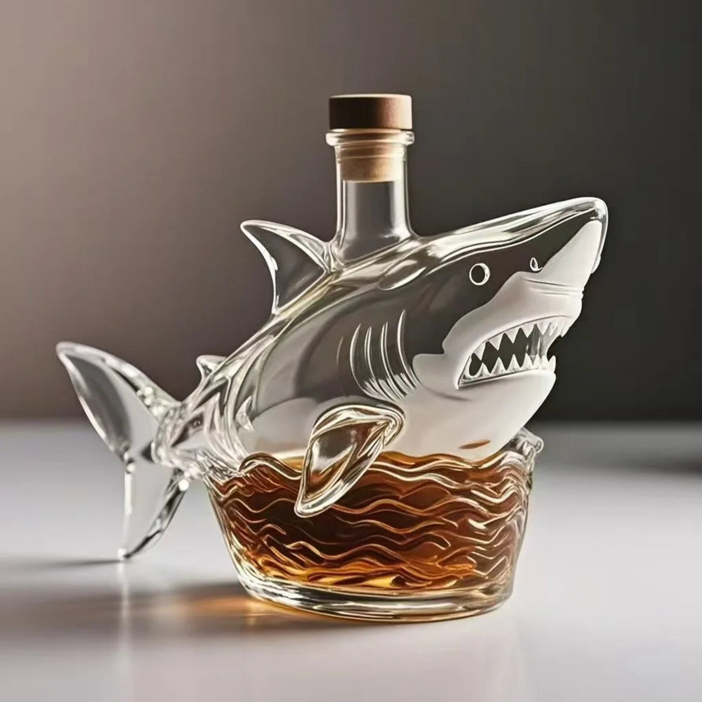 Shark-shaped whiskey bottle on a reflective surface with a neutral background