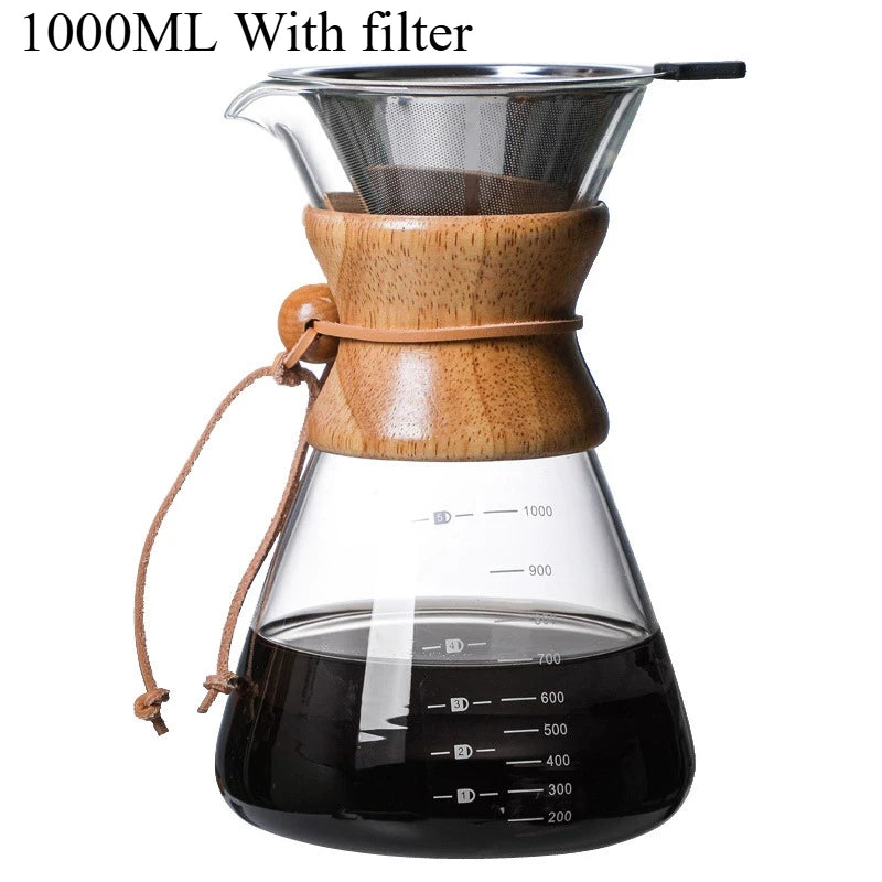 Clear glass coffee maker with wooden top and black coffee inside, labeled '1000ML With filter' on a white background.