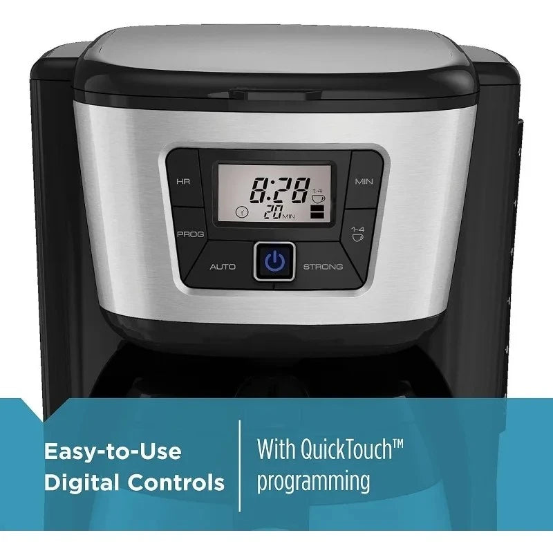 Coffee maker with digital controls on a white background