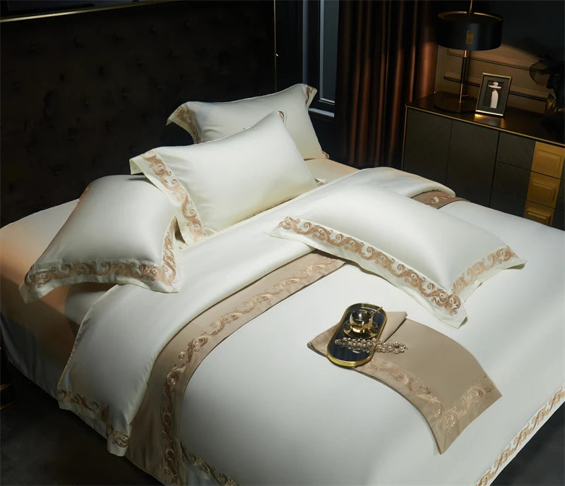 Luxury Gold Embroidery Bedding Set 1400TC Egyptian Cotton Soft Silky Queen King Duvet Cover Set With Sheet Pillowcases Bed Set