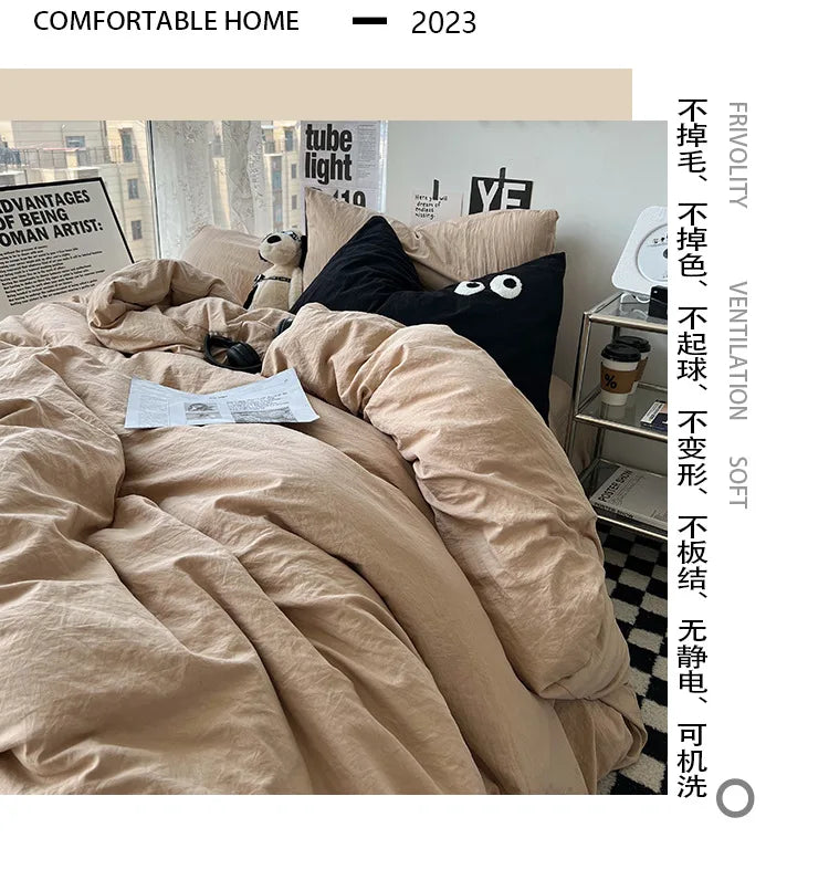 Ins washed cotton solid color four-piece suit can sleep naked in student dormitory 4 three-piece quilt cover - Julia M LifeStyles