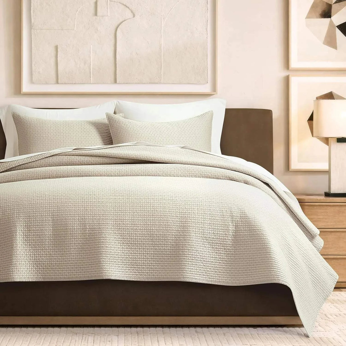 Cotton Sateen Pick-Stitch Quilt Set Queen Size – 100% Cotton Lightweight Coverlet, All-Season Quilt with 2 Shams, Parchment