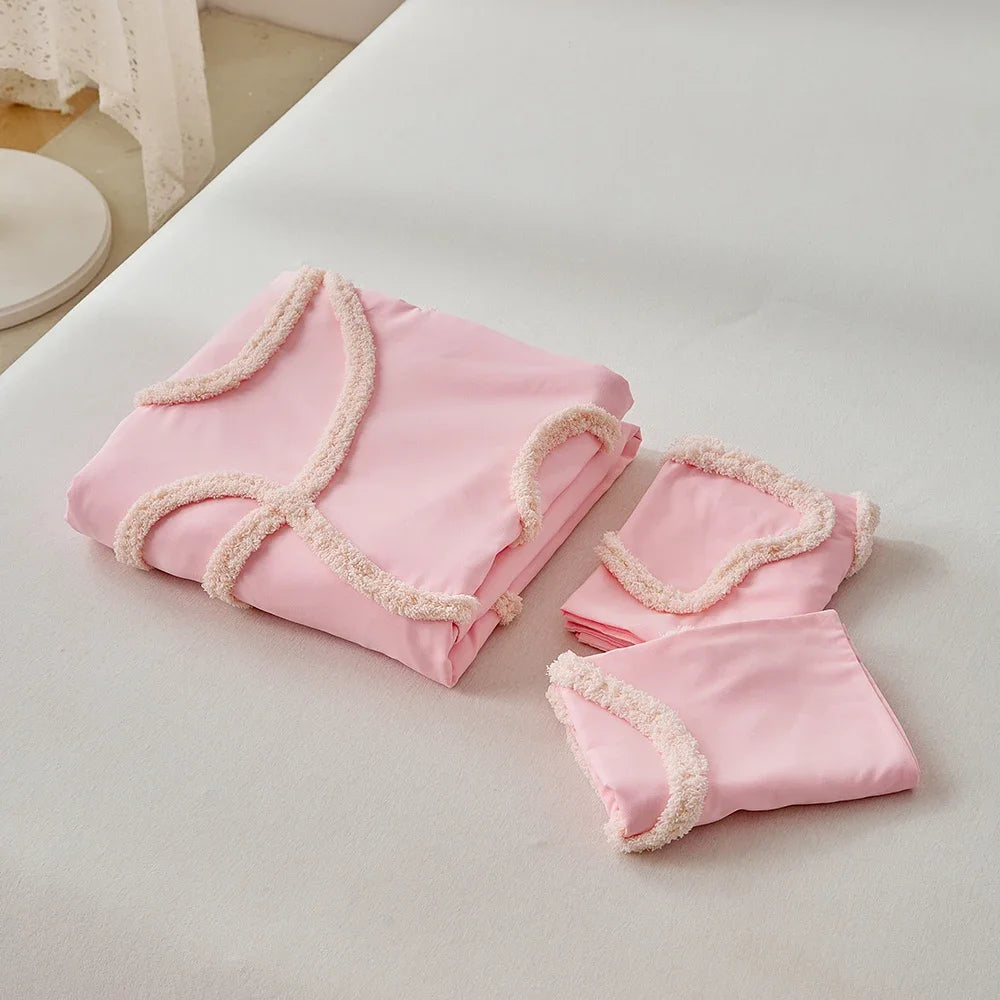 New Bow-knot Tufted Cut Flower Quilt Cover Set Queen Tufting Duvet Cover and Pillowcase Comfortable Skin-Friendly Blanket Covers