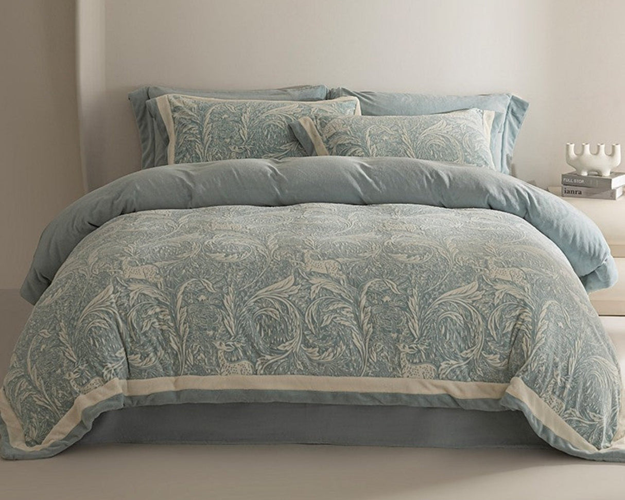 Luxury milk velvet carved bed set on a bed with text overlay.