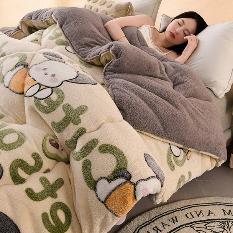 Person lying in bed under a cartoon-themed blanket with text about a direct cover without a quilt cover.