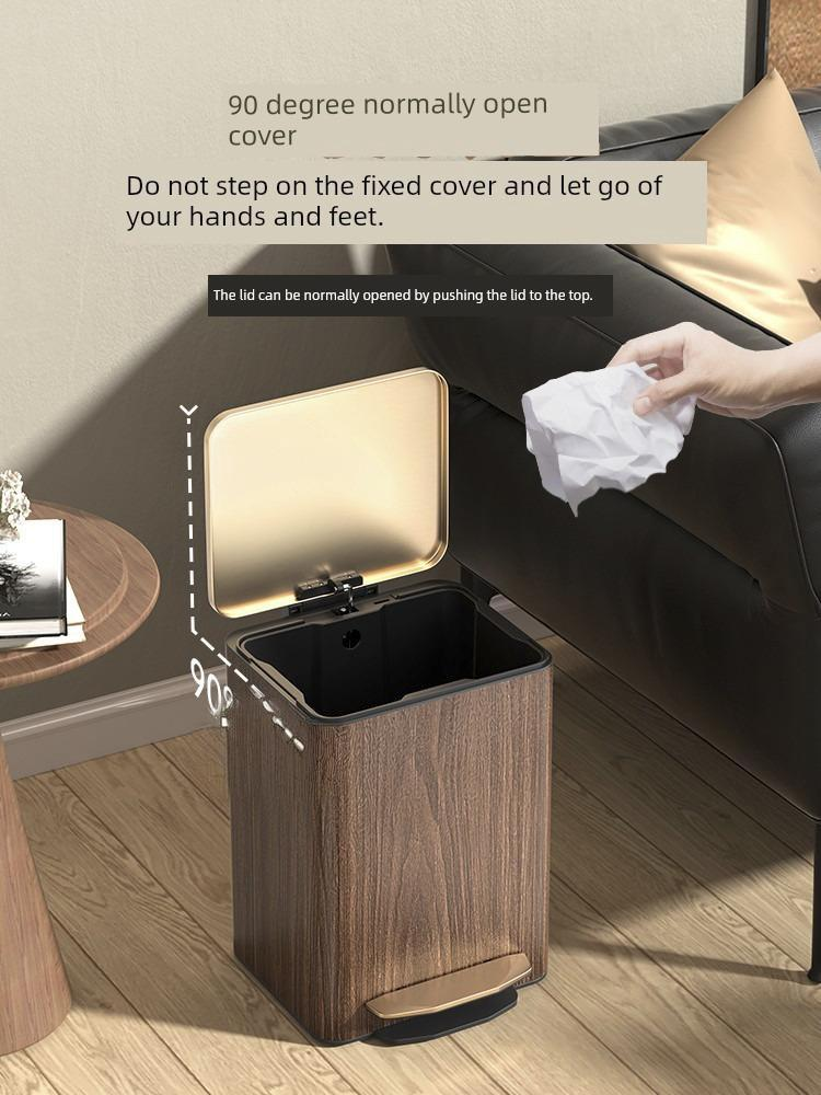 Wooden trash bin with a 90-degree normally open cover, showing a hand disposing of a tissue.