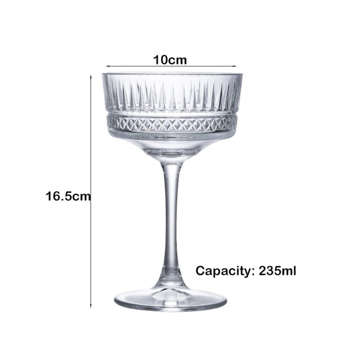 A clear cut-glass coupe-style cocktail glass on a white background with overlaid dimension labels showing 10cm width, 16.5cm height, and 235ml capacity.