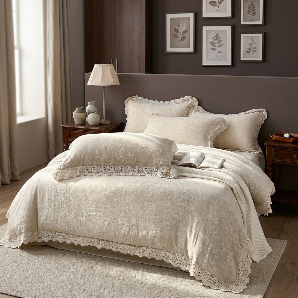 Beige textured bedspread with lace details on a bed against a dark wall.