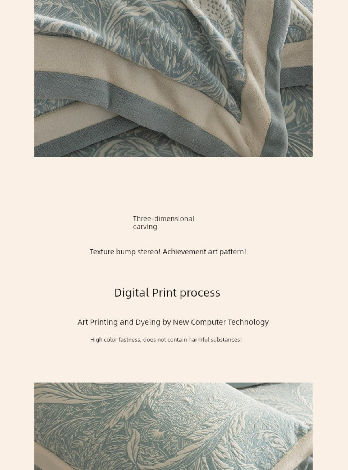 Textured fabric with a pattern and text about digital print process on a beige background