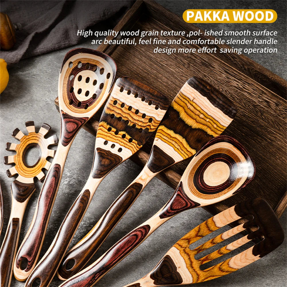 Set of wooden kitchen utensils with a focus on texture and design, labeled 'Pakka Wood'.