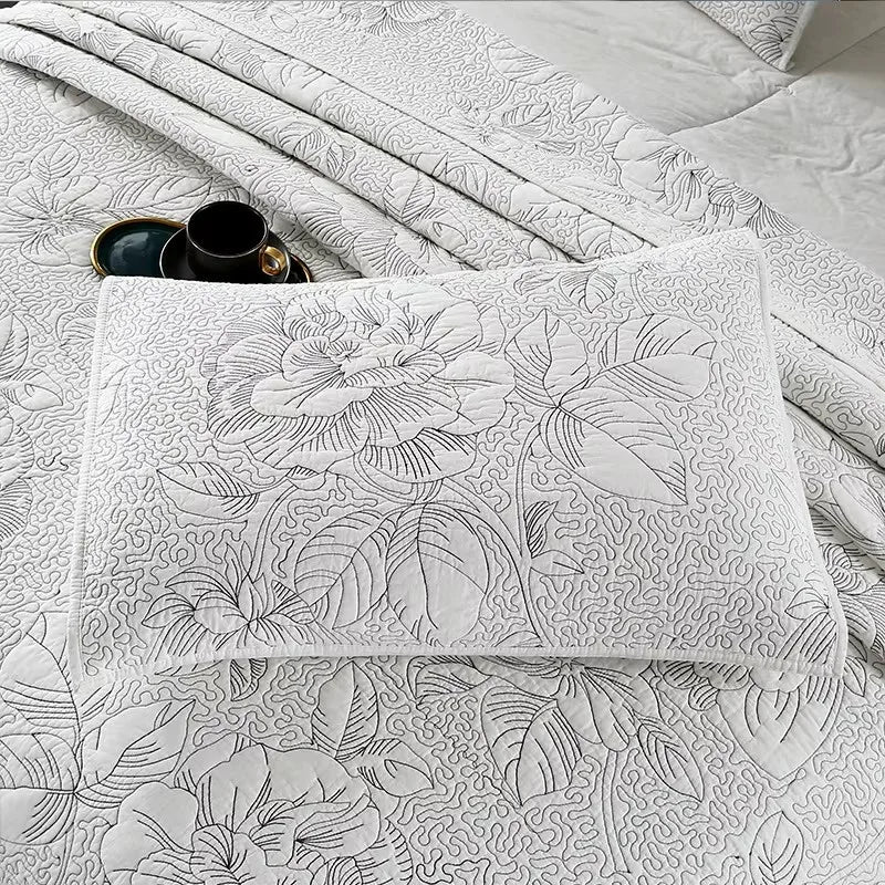 Embroidered Cotton Quilt Set 3PCS King Queen Bedspread with 2 Pillow Shams Summer Lightweight Double Blanket Breathable Coverlet