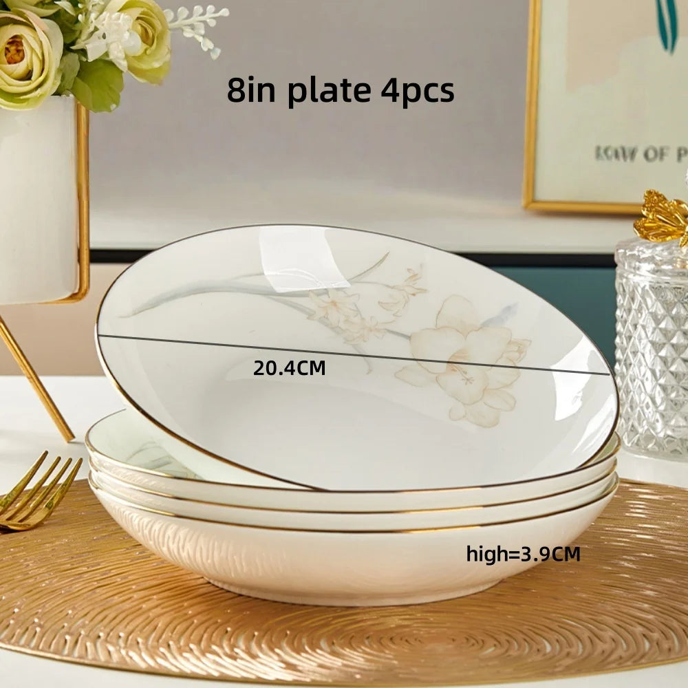Bone Porcelain Tableware Sets Simple Flower Pattern Bowl And Plate Suitable For Family Gatherings And Party Kitchen Supplies - Julia M LifeStyles