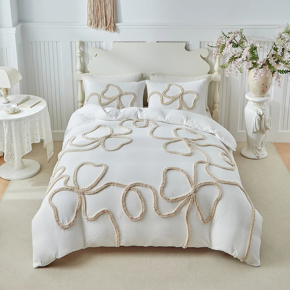New Bow-knot Tufted Cut Flower Quilt Cover Set Queen Tufting Duvet Cover and Pillowcase Comfortable Skin-Friendly Blanket Covers