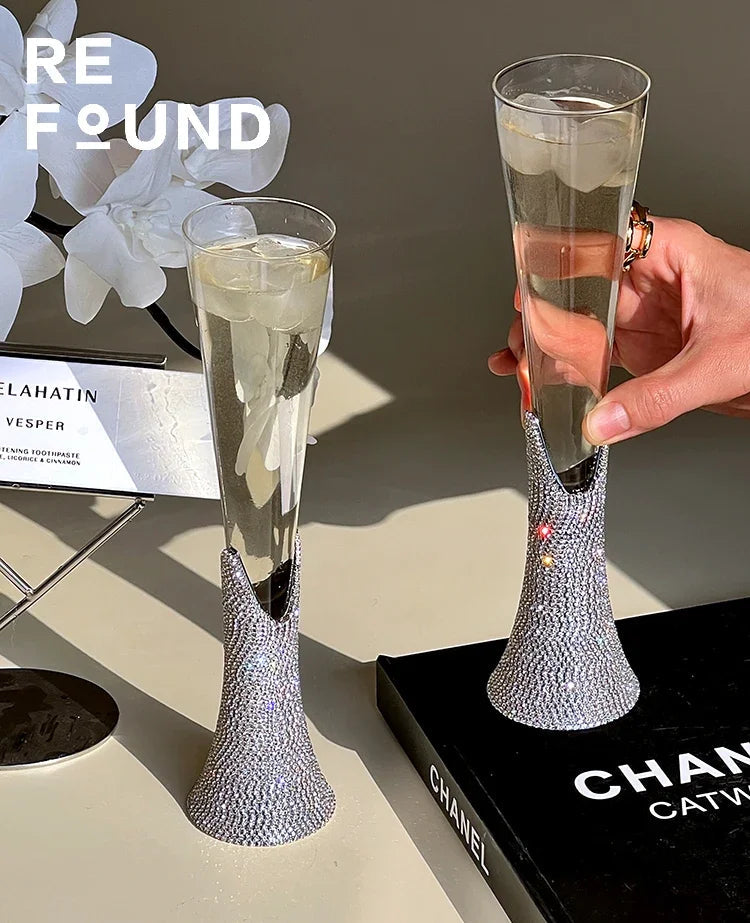 Diamond Women's Champagne mug Set with Diamond Crystal Glass High Leg Wine Cup Drink Cup Gift Wine Glass Beautiful Cups 150ml Julia M Home & Kitchen