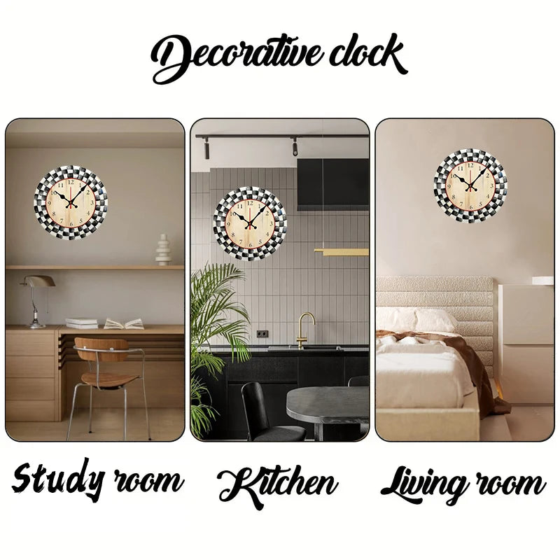 Elegant Black And White Grid Wooden Round Silent Wall Clock