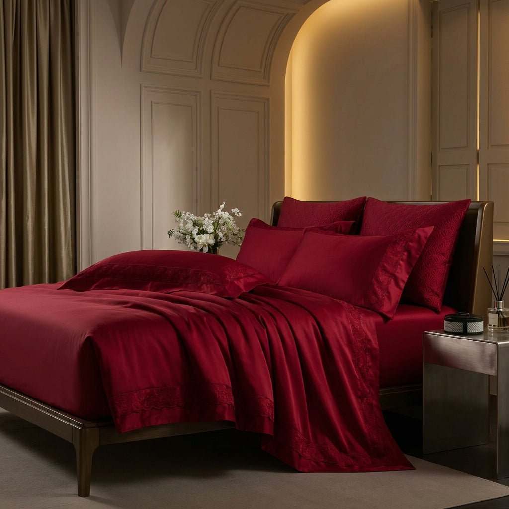 Red Cotton Jacquard Bedding Set with Duvet Cover, 4-Piece