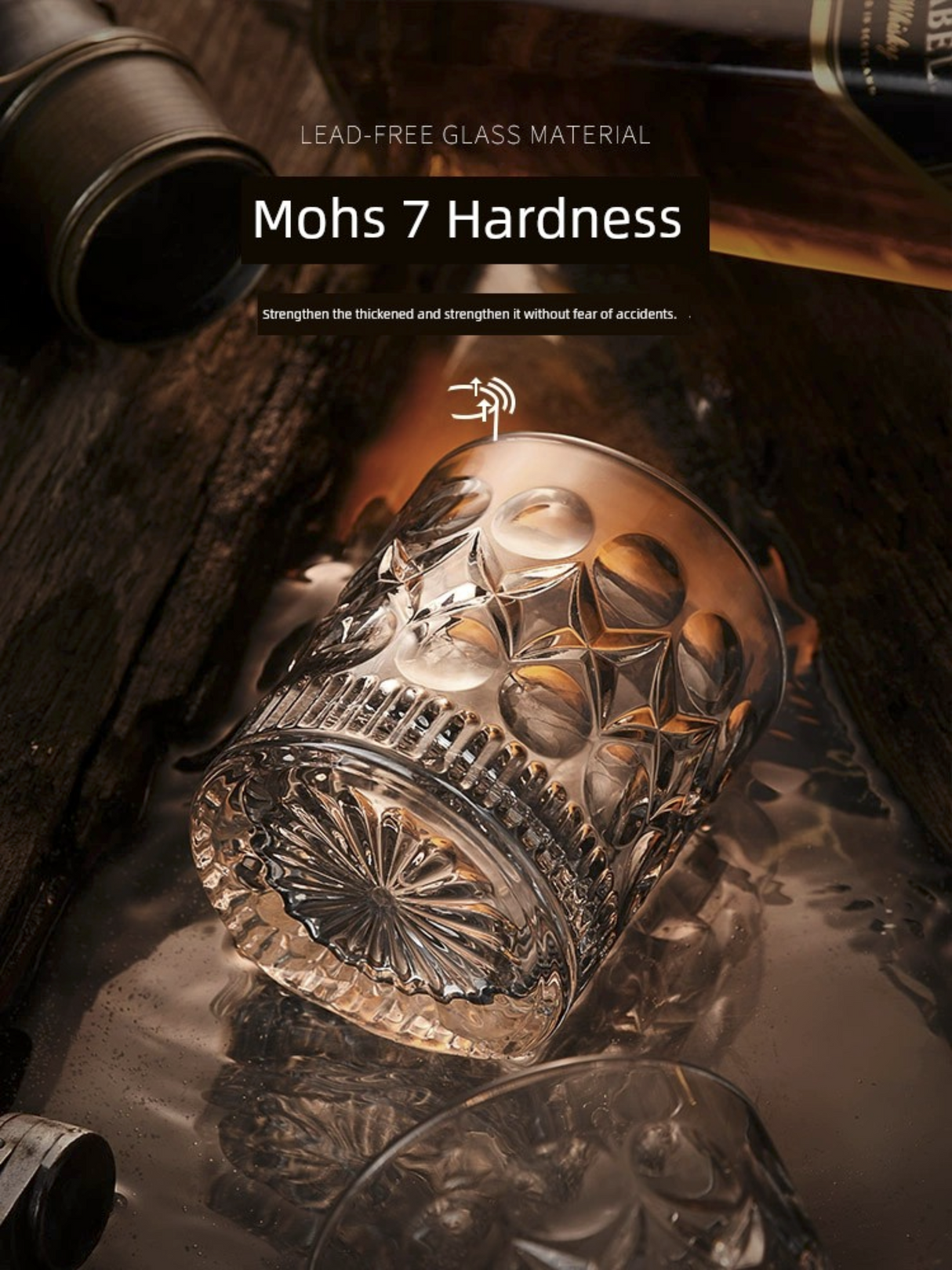 Decorative glass item with text about Mohs 7 Hardness and lead-free glass material.
