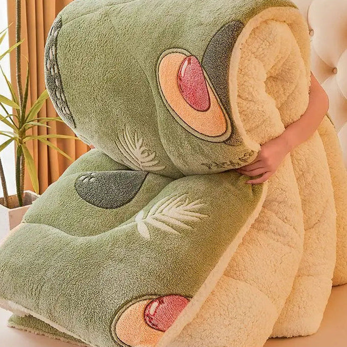 Avocado-shaped plush pillow held by a person in a home setting with plants.