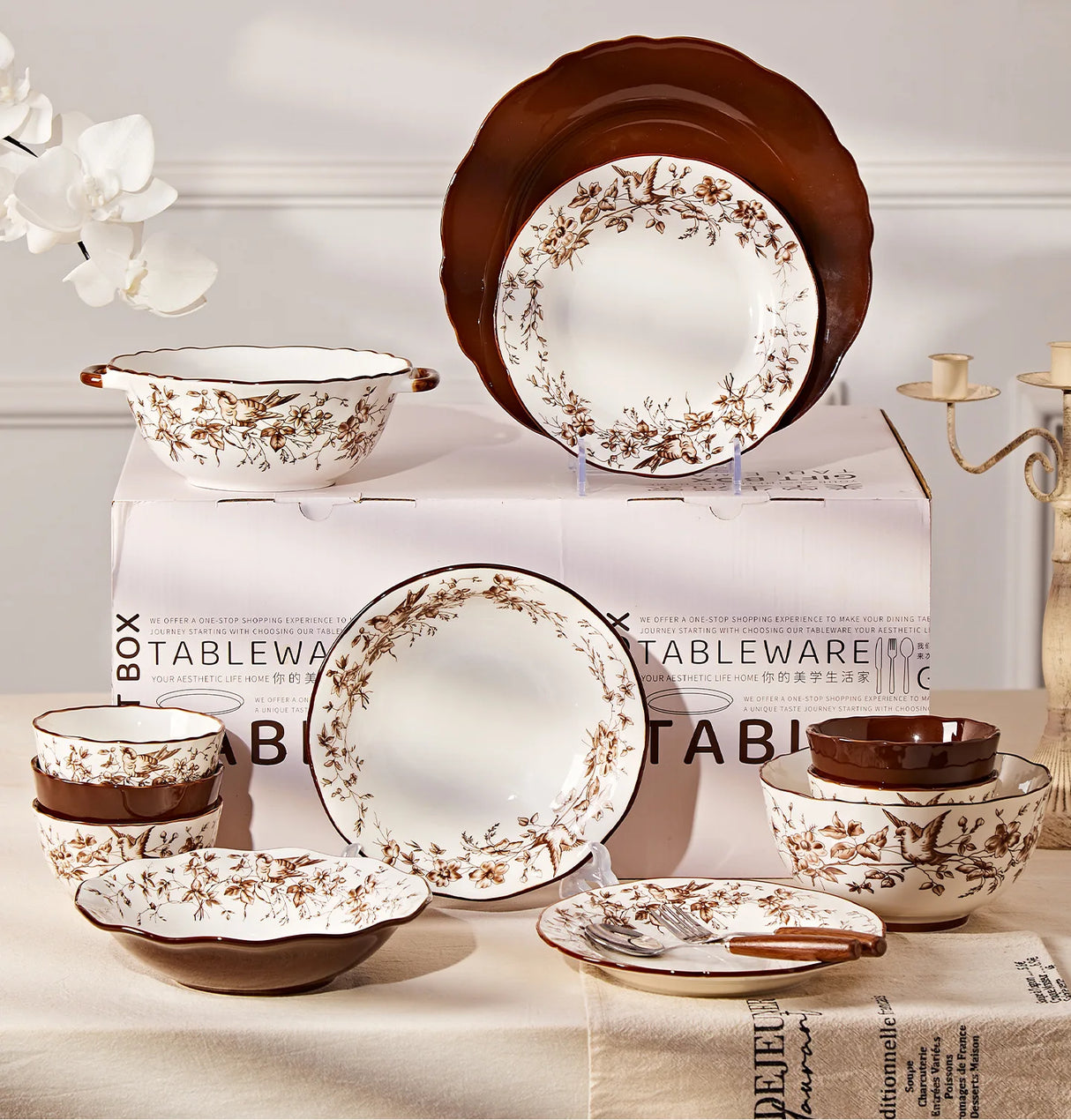 Retro Rose Household Anti-Slip full travel dish set is very luxurious luxury bowl kitchen dinner sets ceramic plates porcelain