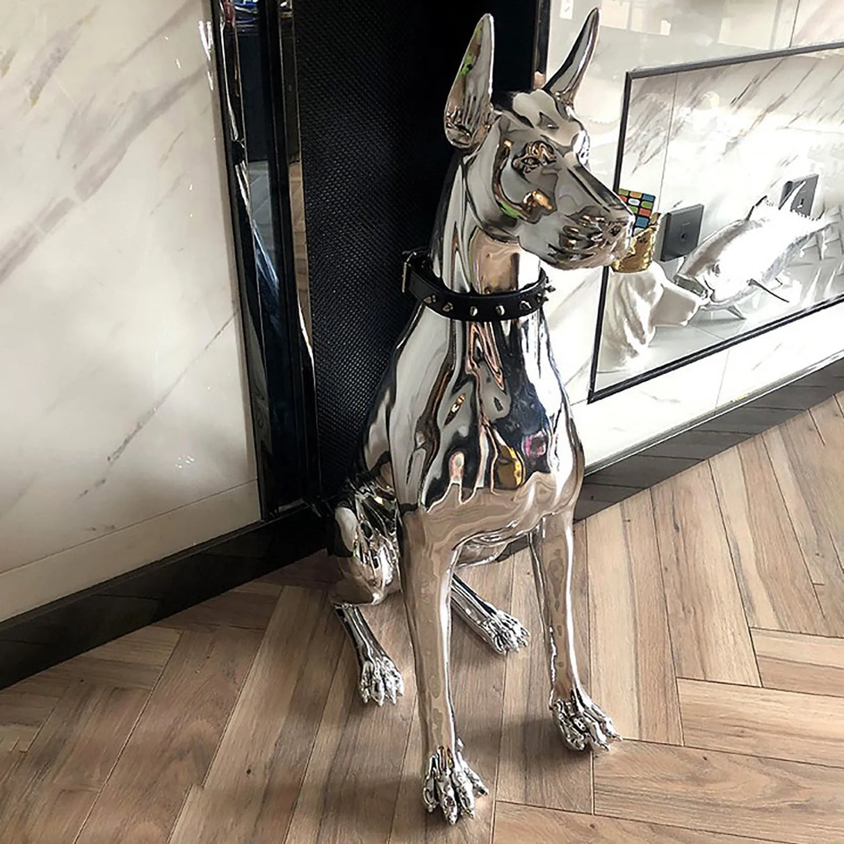 Home Decor Watchdog Chrome Sculpture Doberman Dog Small Size Art Animal Statues Figurine Room Garden Doorway