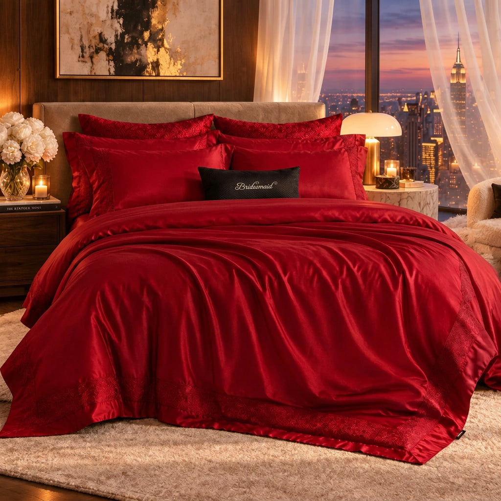 Red Cotton Jacquard Bedding Set with Duvet Cover, 4-Piece