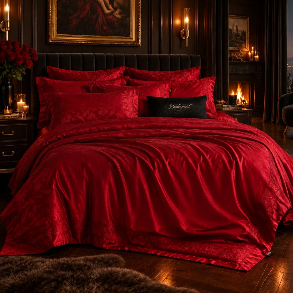 Red Cotton Jacquard Bedding Set with Duvet Cover, 4-Piece