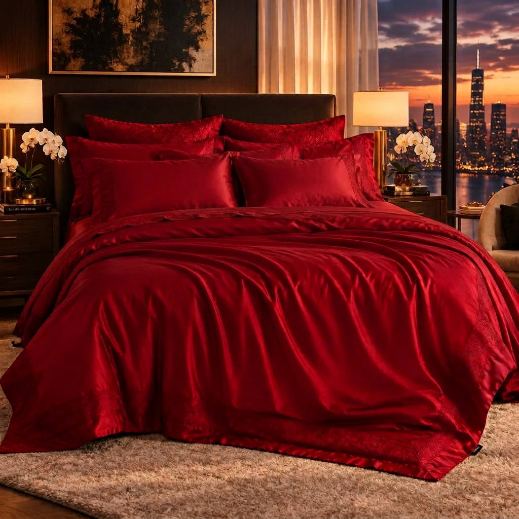Red Cotton Jacquard Bedding Set with Duvet Cover, 4-Piece