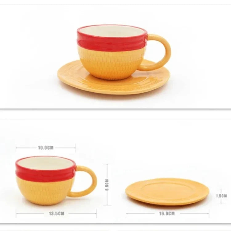 Anime Coffee Mug with Saucer Creative Luffy Ace Sabo Three Brothers Hat Shaped Ceramic Coffee Cup Child's Birthday Gift Cup Julia M LifeStyles