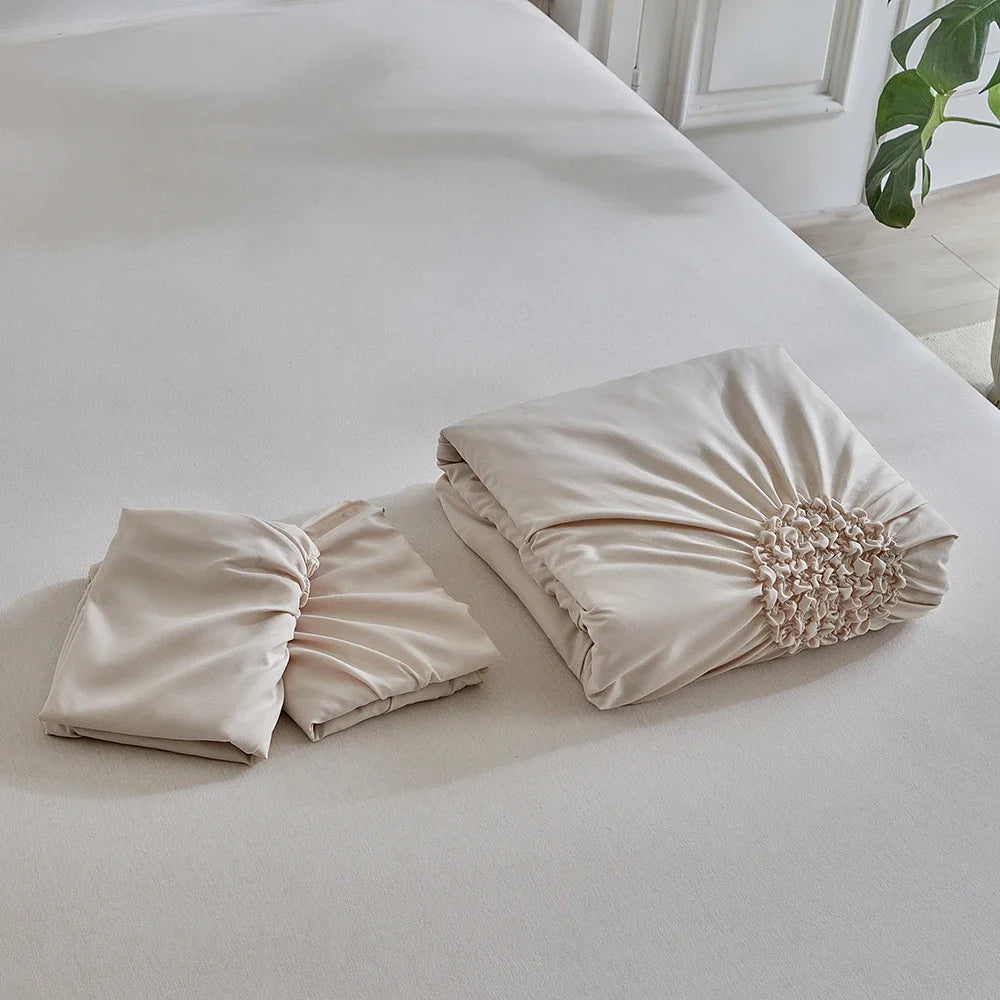 Three-dimensional Pleated Flowers Bedding Set Queen Simple Duvet Cover Set King Blanket Cover and Pillowcases Comforter Covers