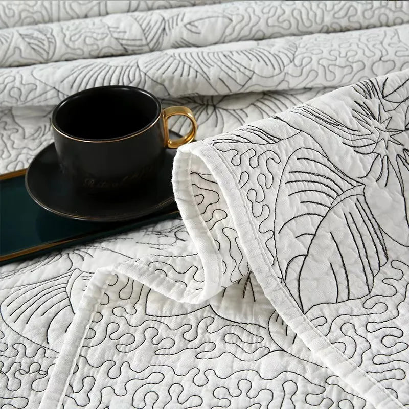 Embroidered Cotton Quilt Set 3PCS King Queen Bedspread with 2 Pillow Shams Summer Lightweight Double Blanket Breathable Coverlet