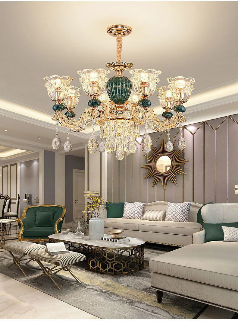 LED Crystal Ceramic Retro Ceiling Chandelier - European Style Luxury Lamp