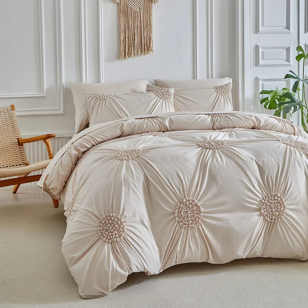 Three-dimensional Pleated Flowers Bedding Set Queen Simple Duvet Cover Set King Blanket Cover and Pillowcases Comforter Covers