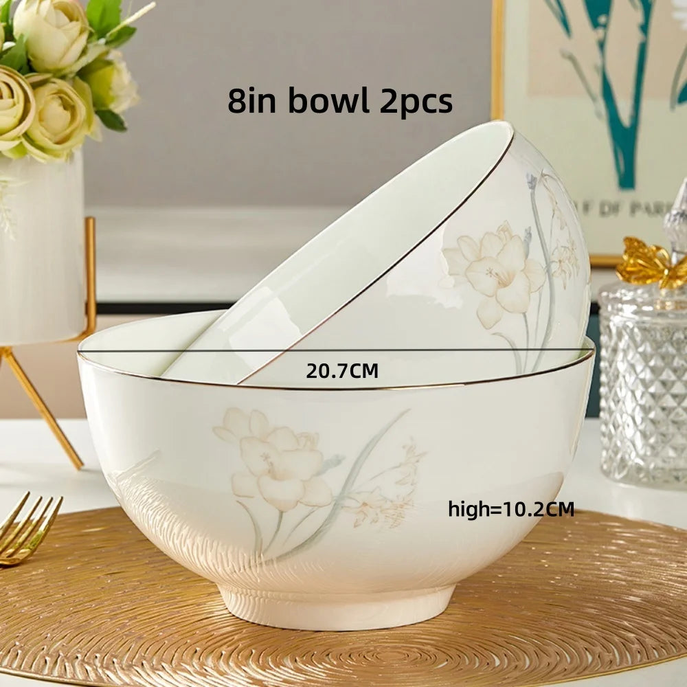 Bone Porcelain Tableware Sets Simple Flower Pattern Bowl And Plate Suitable For Family Gatherings And Party Kitchen Supplies - Julia M LifeStyles