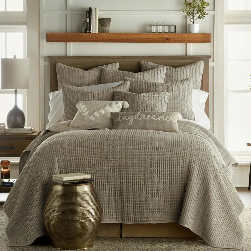 Elegant Taupe Cotton Waffle Quilt Set with Pillow Shams for Full/Queen Bed Julia M LifeStyles