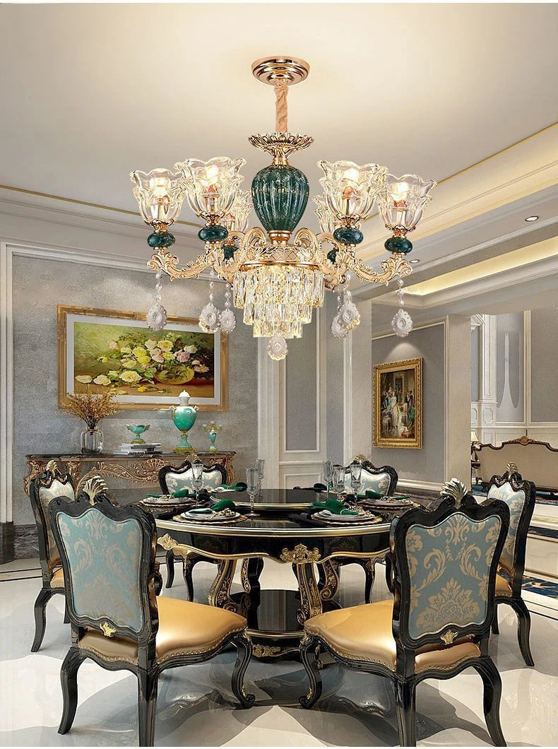 LED Crystal Ceramic Retro Ceiling Chandelier - European Style Luxury Lamp