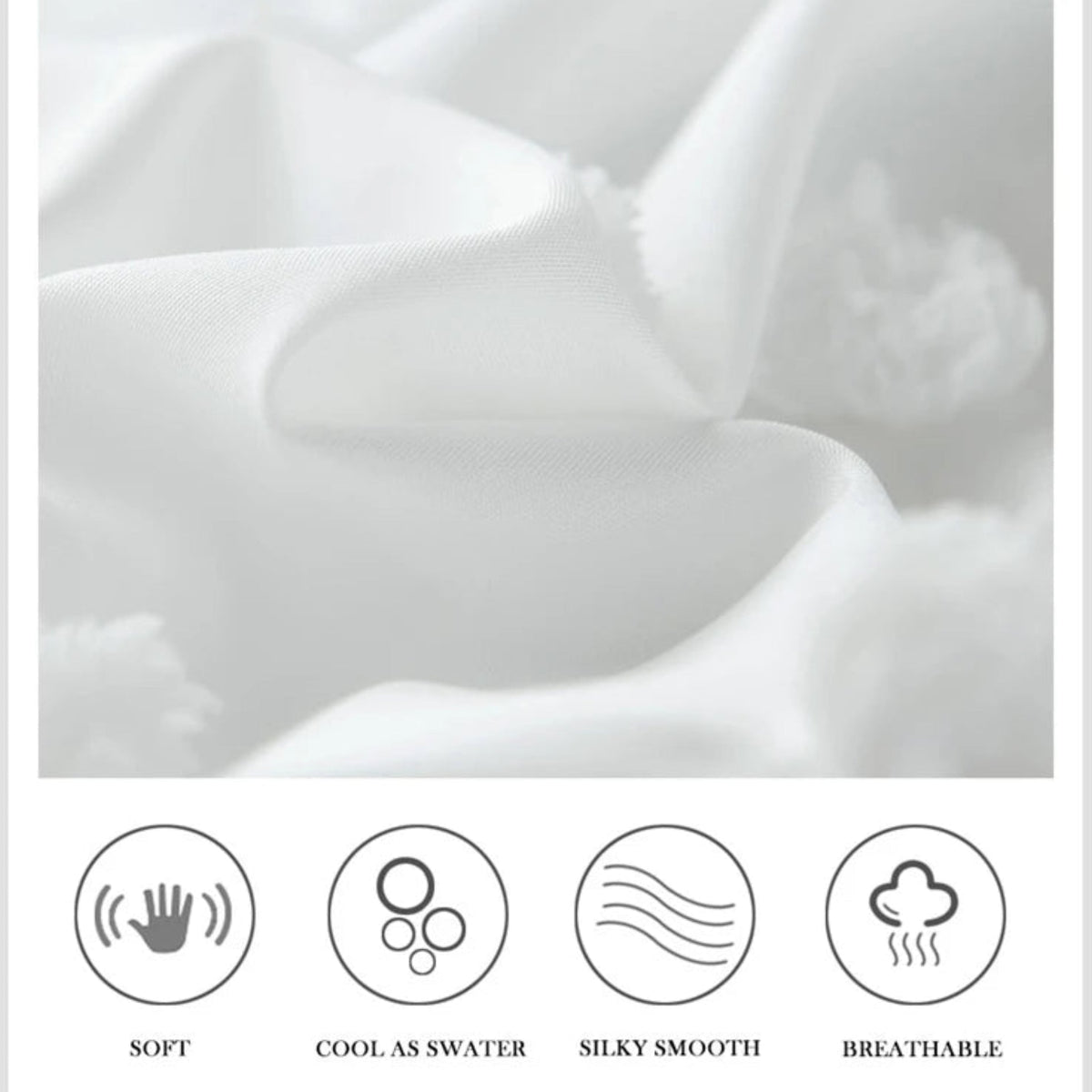A promotional graphic for a silky cool fabric, featuring a large central photo of draped white fabric, with text reading 'COMFORT'S LIFE' and 'Silky cool fabric.' The top banner says 'Carefully Selected Fabrics' and includes 'Comfortable' and 'Smooth' labels.