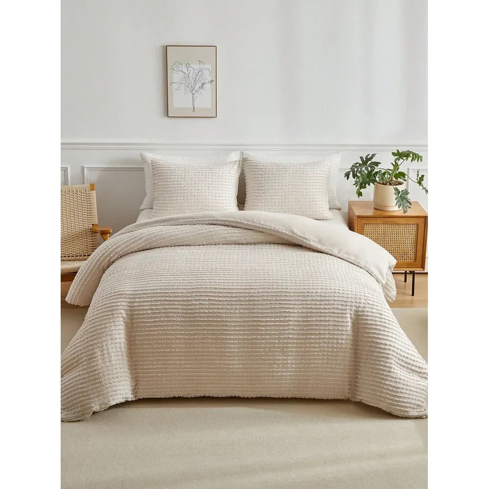 Bohemian Style Khaki Tufted Jacquard Duvet Cover Set, Simple Rustic Polyester Bedding Set, Includes 1 Duvet Cover And 2 Pillow S