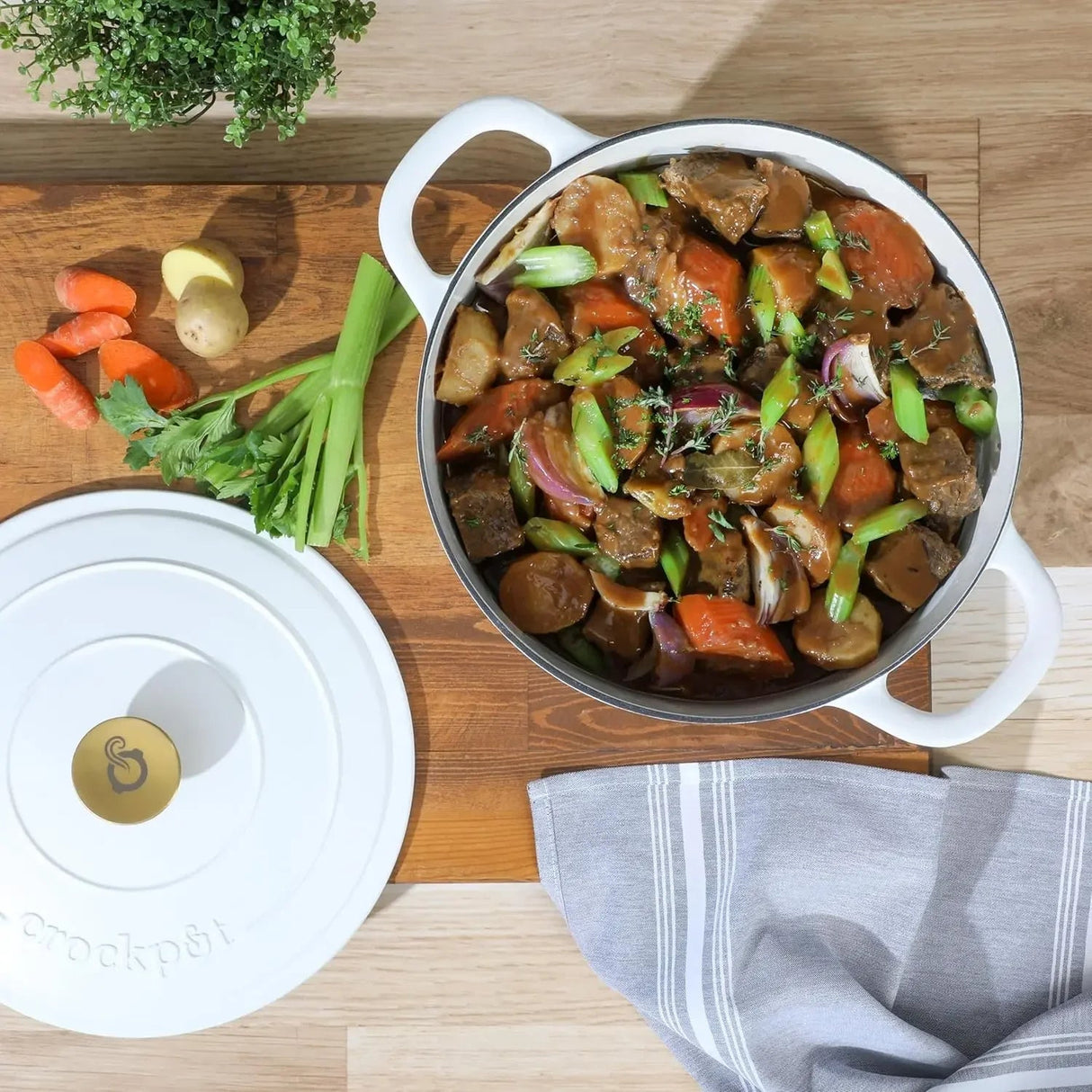 Artisan 7-Quart Round Dutch Oven - Matte Linen White w/Gold Knob Julia M Home & Kitchen