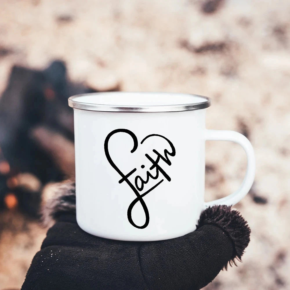 Faith Hope Love Print Christian Creative Enamel Mugs Outdoor Travel Coffee Cup Drink Dessert Milk Vintage Handle Drinkware Gift Julia M Home & Kitchen