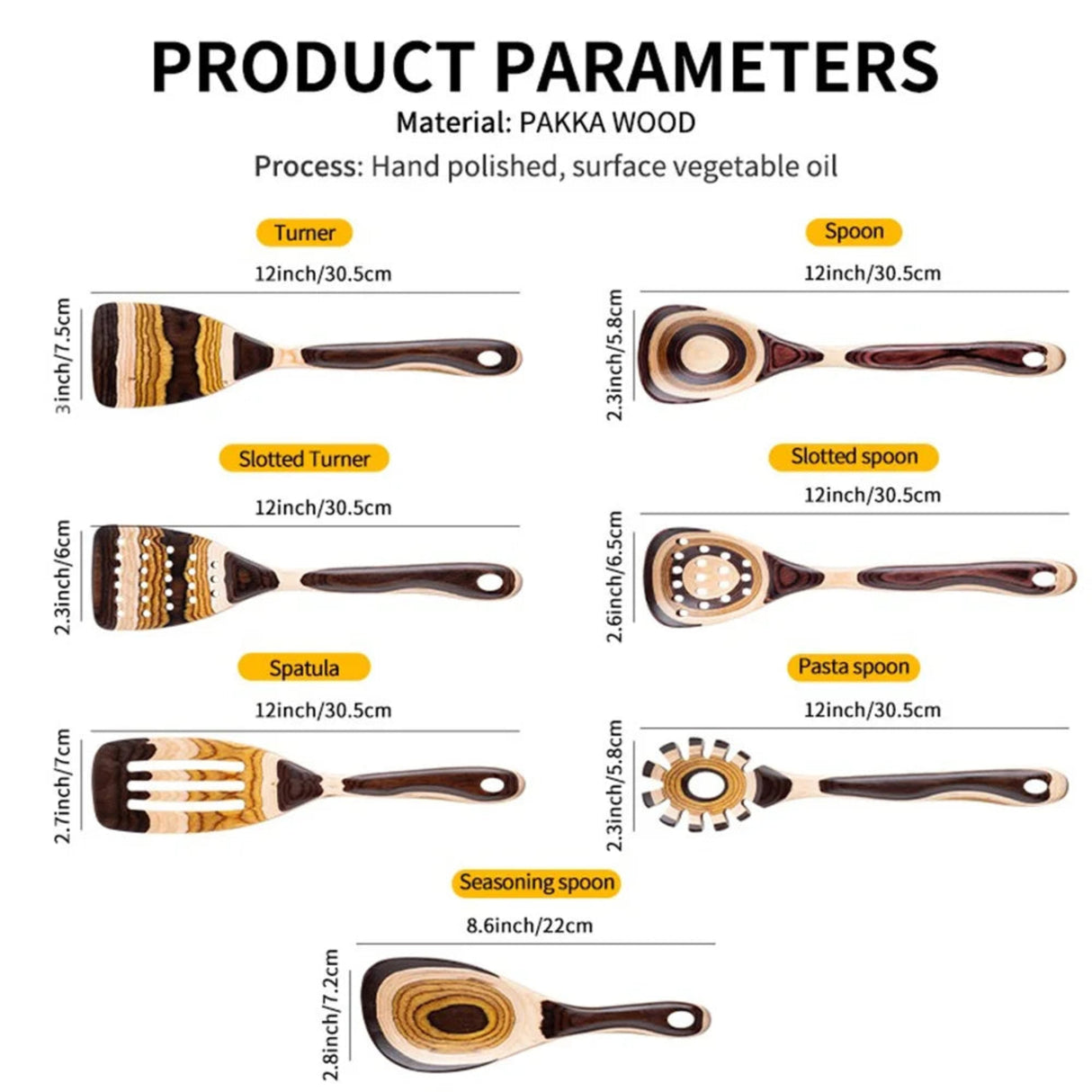 Set of wooden kitchen utensils with measurements and material details on a white background